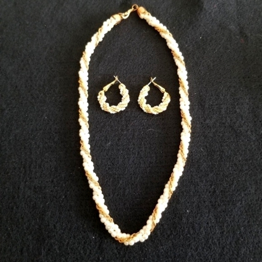 Faux Pearl Goldtone Braided Necklace and Earrings